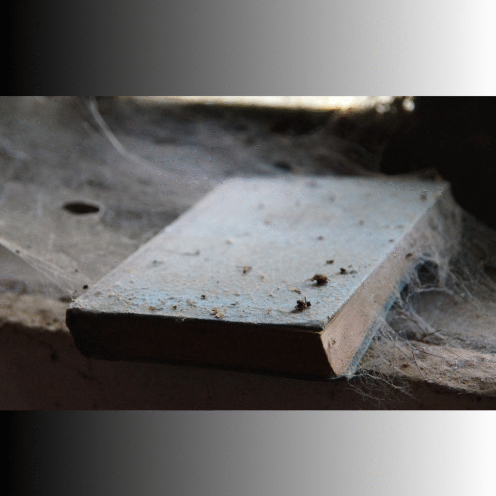 dusty book with cobwebs on it