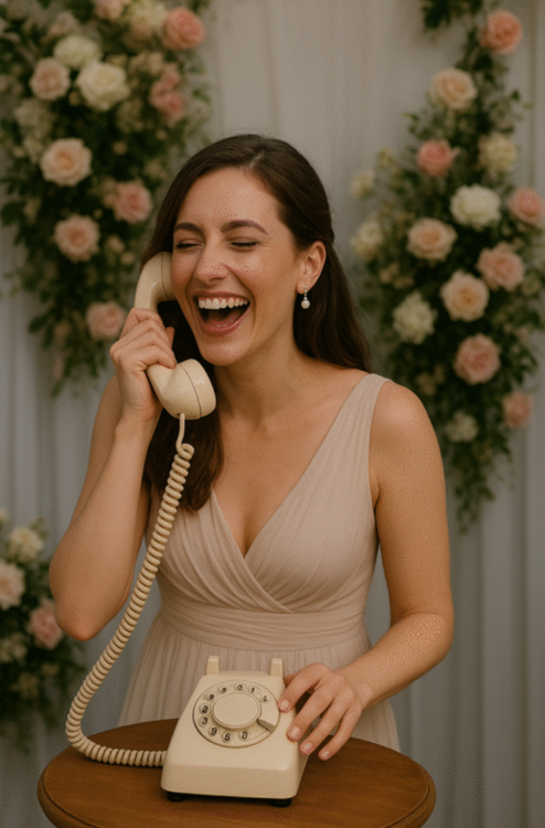 Attractive lady in a dress, laughing whilst using an ivory coloured retro telephone audio guest book in a wedding setting