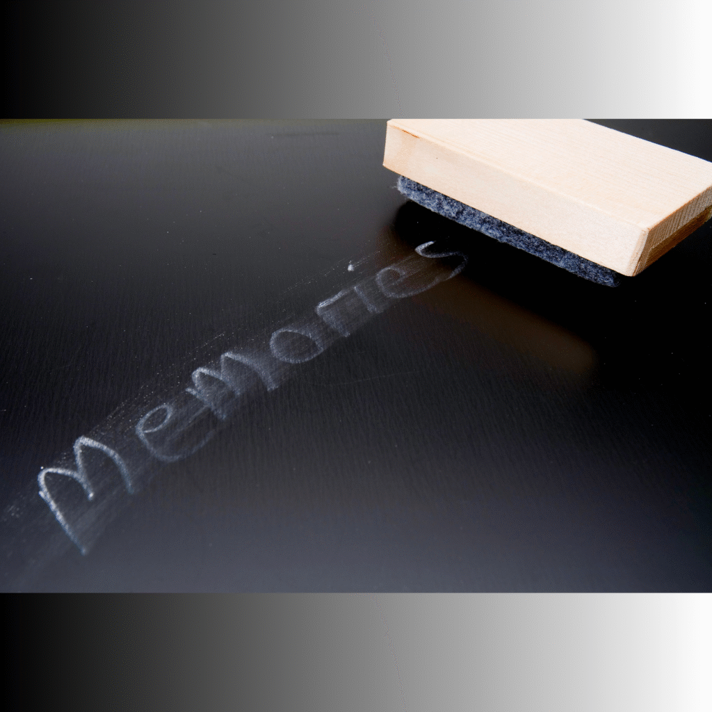 The word memories written in chalk on a blackboard with a board rubber nearby